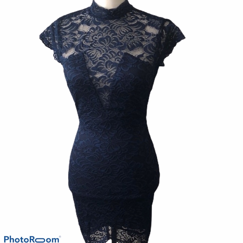 Navy Bodycon Lace Open Back Party Dress Size Sm